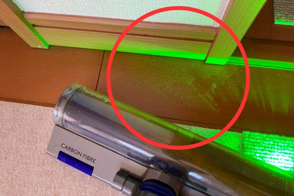 掃除機のライトで浮かび上がる、柚餅子のおしっこ