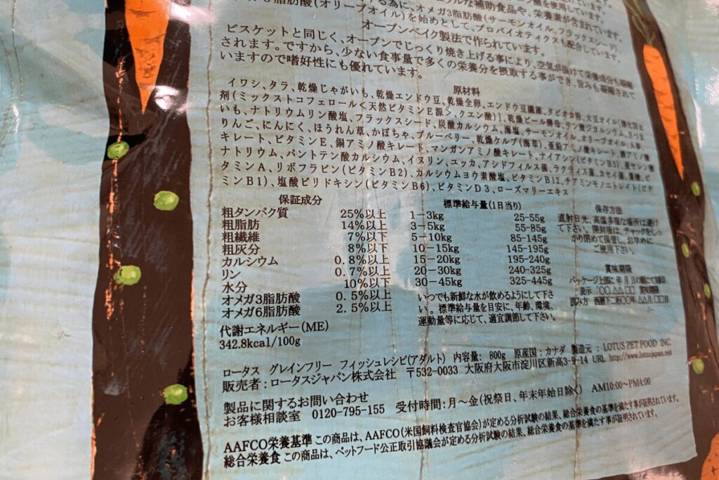 ロータスのドッグフード裏面にあるカロリー・成分表示