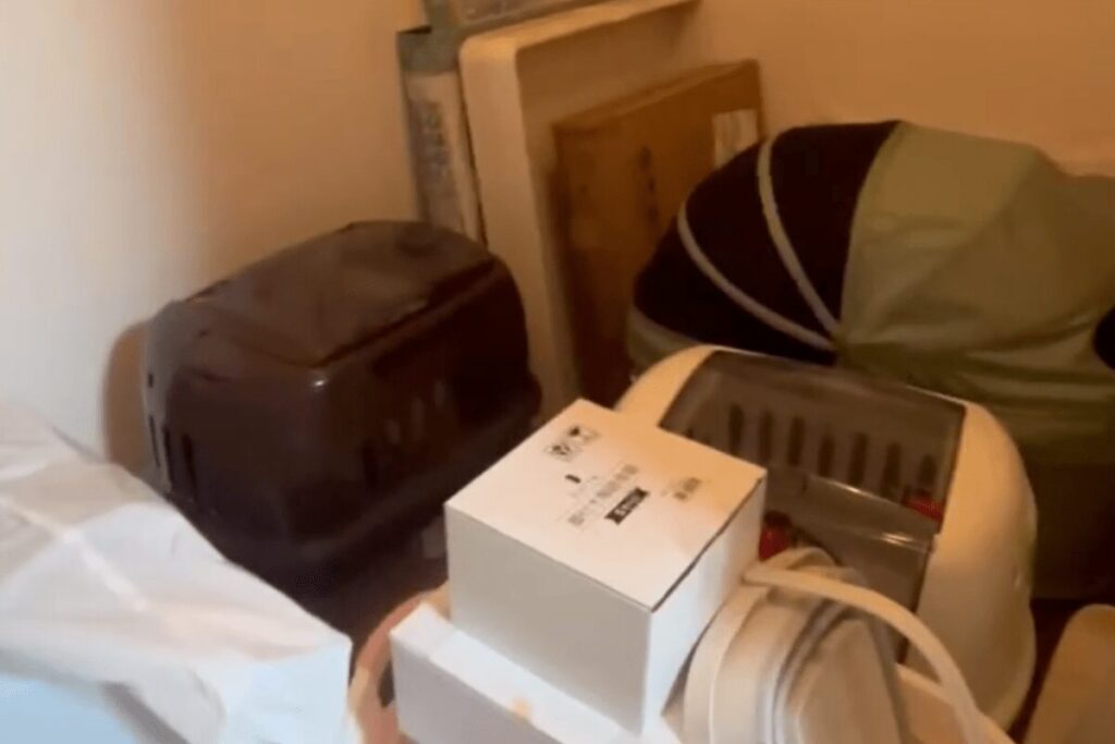 3チワのキャリーやペットカート、犬用グッズなどの引っ越し荷物。